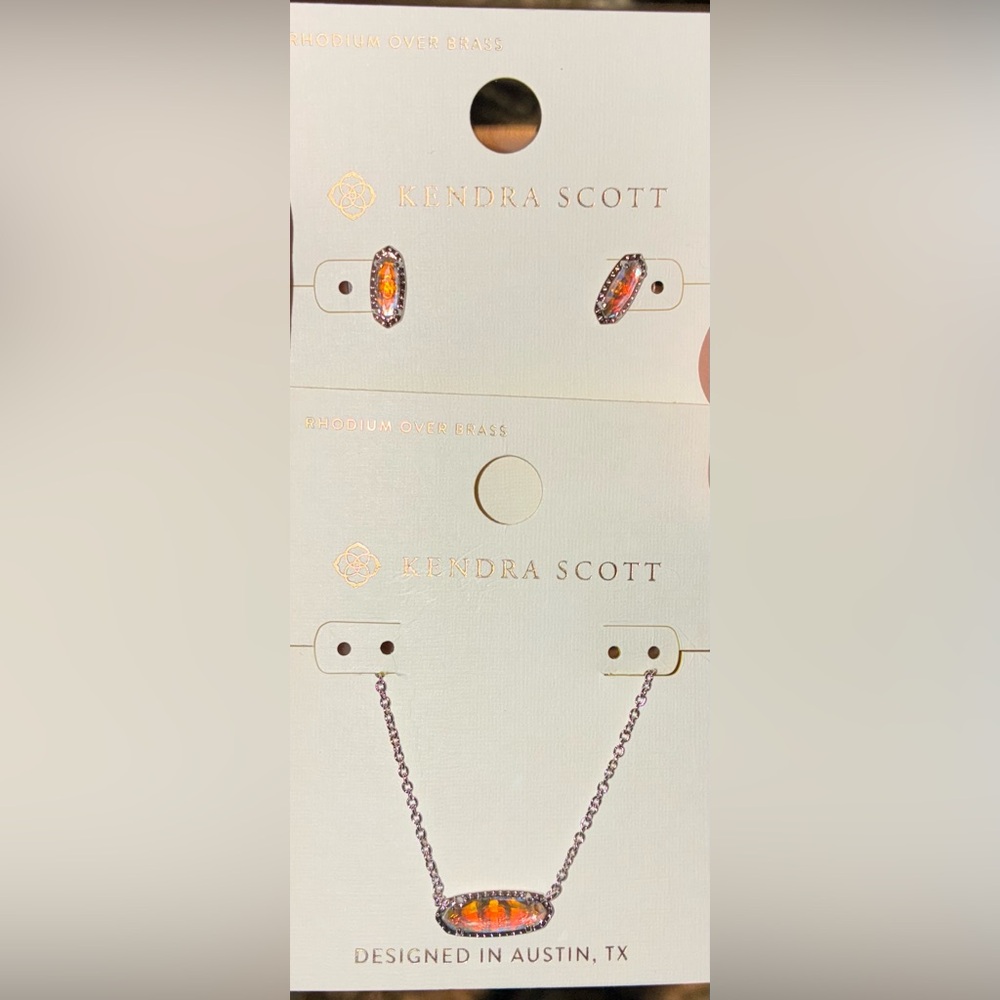 KENDRA SCOTT SET Clear Iridescent Dichroic Glass Rhodium Necklace & Earrings NWT - Picture 3 of 16